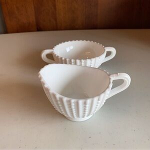 Vintage Milk Glass Sea Urchin Creamer and Sugar Set Coastal Cottagecore